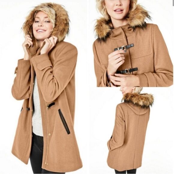 COLE HAAN | Wool Walker Coat Duffle Toggle Front Faux Fur Hood Size 10 - Picture 2 of 16